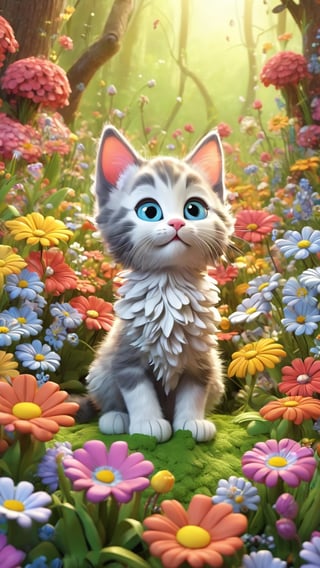 (Best quality, ultra detailed, masterpiece), a Curious Kitten in a forest of flowers, 3d illustration,disney cartoon