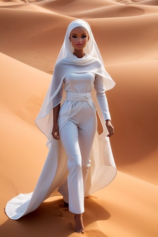 Barbie, from the Doll collection , 
Wrapped in  flowing sand colour cotton and a white matching veil details, Striding through the expansive desert landscape of the Dune 2 world from the iconic Dune series. The radiant sun casts striking shadows as she navigates the vast environment