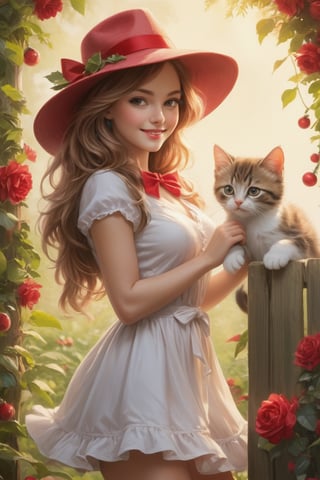 Macro photography, hyper-detailed, trend in artstation, sharp focus, studio photography, (Masterpiece), Warm glow on a woman's dress in the garden. 8k quality image. Her straw hat, adorned with a red ribbon. woman draws on the canvas. A plump robin, its chest a vibrant touch of crimson contrasting with the landscape, perched on the fence. In the background, cheerful kittens are seen playing and jumping among the trees. It creates a symphonic effect of Christmas magic. While The woman was putting the finishing touches on her painting, a smile appears on her lips. Scene of a paradise and a heart overflowing with the joy of the season. In the image a Christmas rose appears,Apoloniasxmasbox,pturbo,A girl dancing ,mecha,robot,Glass Elements,HighHumanion,soakingwetclothes,photo r3al