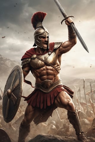 Develop a striking vector composition of a Spartan warrior in the midst of a victorious battle pose, sword and shield raised triumphantly, conveying the essence of strength and valor