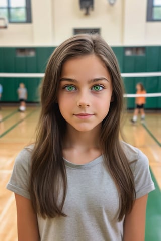 "Create a timeless AI art piece featuring a serene majestical scene of a beautiful brunette with bright green eyes and deep tan coloring young eightteen year old in a school gymnasium looking at the viewer, in a gymanast, full body shown."