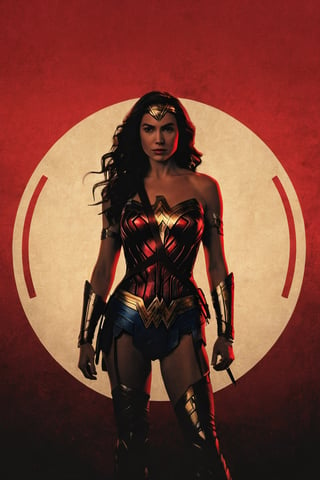 the black silhouette of wonder woman in front of a red background, in the style of movie poster, stark minimalism, symmetry, silhouette,Text 