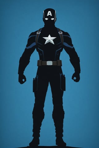 the black silhouette of captain america in front of a blue background, in the style of movie poster, stark minimalism, symmetry, silhouette,Text 