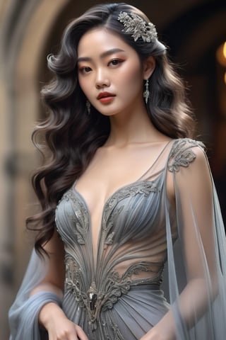best quality, masterpiece,								
The beautiful Japanese model, her long wavy dark silver hair flowing elegantly, perfectly embodies the intertwining of Art Nouveau's flowing lines with Gothic's enigmatic depth, of her sheer see thru dress. This contemporary piece is artfully paired with a fur trim capelet, adding a touch of opulence. Her look is further elevated by see thru gown, making her the epitome of a glamorous Hollywood star, seamlessly blending historical elegance with modern flair.
ultra realistic illustration,siena natural ratio, by Ai Pic 3D,	16K, (HDR:1.4), high contrast, bokeh:1.2, lens flare,	head to toe,	digital art, ultra hd, realistic, vivid colors, extremely detailed, photography, ultra hd, realistic, vivid colors, highly detailed, UHD, perfect composition, beautiful detailed intricate insanely detailed octane render trending on artstation, 8k artistic photography, photorealistic concept art, soft natural volumetric cinematic perfect light. unclad full body view
