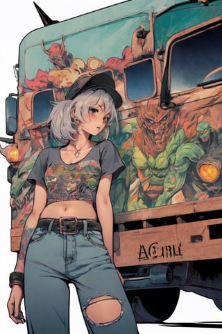 anime cartoon style, demonic semi truck wide angle view, tee shirt graphic, gritty natural colors, {{{centered on a clean white background}}}, monster, 
Negative prompt: negativeXL_D ornaments, tattoos, watermarks, writing, words, text, embedded 