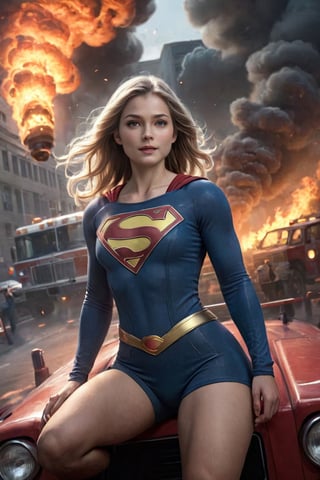 ink art with a, supergirl centered in the image, on a fire truck scene to match, accurate details,Dramatic_penis