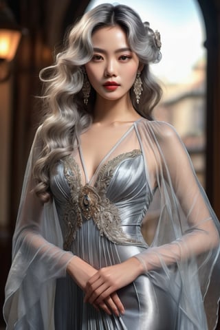 best quality, masterpiece,								
The beautiful Japanese model, her long wavy silver hair flowing elegantly, perfectly embodies the intertwining of Art Nouveau's flowing lines with Gothic's enigmatic depth, of her sheer see thru dress. This contemporary piece is artfully paired with a fur trim capelet, adding a touch of opulence. Her look is further elevated by see thru gown, making her the epitome of a glamorous Hollywood star, seamlessly blending historical elegance with modern flair.
ultra realistic illustration,siena natural ratio, by Ai Pic 3D,	16K, (HDR:1.4), high contrast, bokeh:1.2, lens flare,	head to toe,	digital art, ultra hd, realistic, vivid colors, extremely detailed, photography, ultra hd, realistic, vivid colors, highly detailed, UHD, perfect composition, beautiful detailed intricate insanely detailed octane render trending on artstation, 8k artistic photography, photorealistic concept art, soft natural volumetric cinematic perfect light. unclad full body view