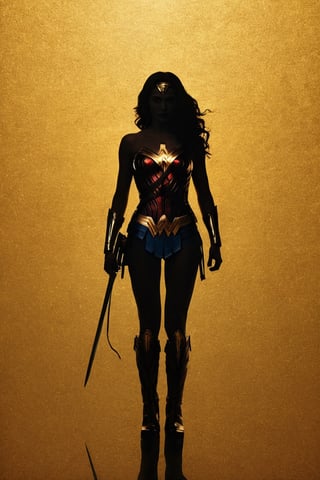 the black silhouette of wonder woman in front of a gold background, in the style of movie poster, stark minimalism, symmetry, silhouette,Text 
