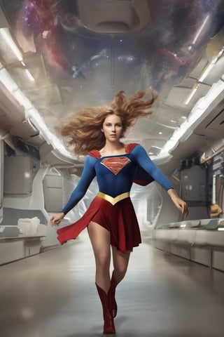 the supergirl flying through the space,  front view in a mini skirt
,photo r3al