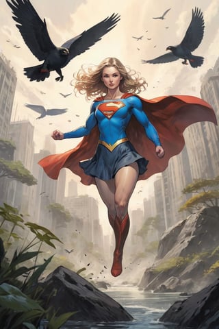  ink art with a supergirl centered in the image, wildlife scene to match, accurate details
