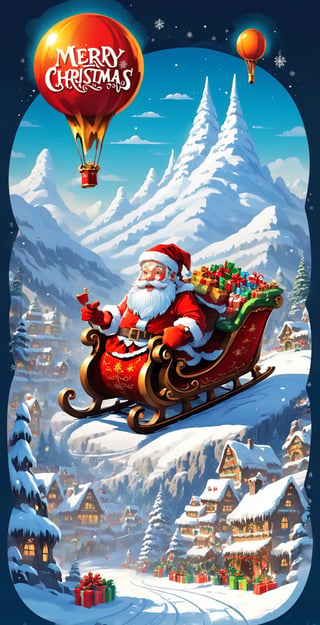 Christmas sleigh, Santa' sleigh, (((speech bubble forms the word: "Merry Christmas"))), Christmas town in the mountain background.