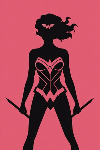 the black silhouette of wonder woman in front of a pink background, in the style of movie poster, stark minimalism, symmetry, silhouette,Text 