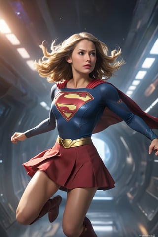 the supergirl flying through the space,  front view in a mini skirt
,photo r3al