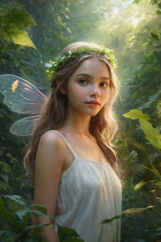 "Create a timeless AI art piece featuring a serene scene of a young fairy teen surrounded by lush foliage."
,fire element