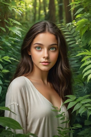 "Create a timeless AI art piece featuring a serene majestical scene of a beautiful brunette with bright green eyes and deep tan coloring young teen surrounded by lush foliage looking at the viewer, full body shown."
,fire element