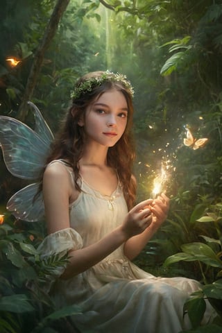 "Create a timeless AI art piece featuring a serene scene of a young fairy teen surrounded by lush foliage."
,fire element