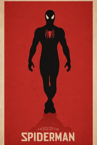 the black silhouette of Spiderman in front of a red background, in the style of movie poster, stark minimalism, symmetry, silhouette,Text 