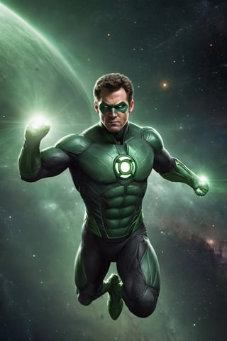 the green lantern flying through the space, front view