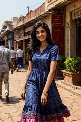  a vibrant and sunny day in a city in Tamil Nadu. A 19-year-old girl named Meera at the department store . She is wearing a Modern Dress , Her long, dark hair is adorned , and she has a gentle smile on her face, exuding confidence and grace.