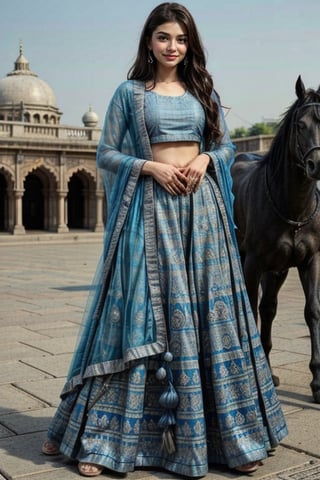  a vibrant and sunny day in a city in Tamil Nadu. A 19-year-old girl named Meera at the department store . She is wearing a lehenga, Her long, dark hair is adorned , and she has a gentle smile on her face, exuding confidence and grace.