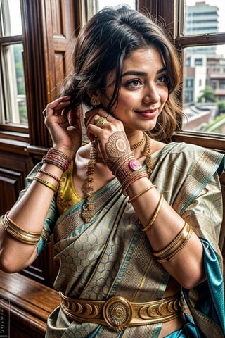  a vibrant and sunny day in a city in Tamil Nadu. A 19-year-old girl named Meera at the wedding . She is wearing a traditional saree , Her long, dark hair is adorned , and she has a gentle smile on her face, exuding confidence and grace.,Saree 