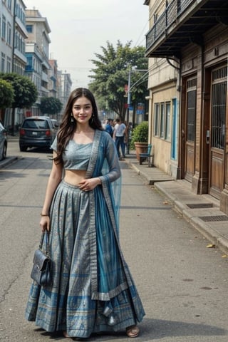  a vibrant and sunny day in a city in Tamil Nadu. A 19-year-old girl named Meera at the department store . She is wearing a lehenga, Her long, dark hair is adorned , and she has a gentle smile on her face, exuding confidence and grace.