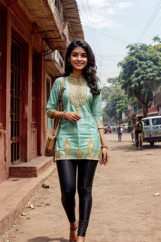  a vibrant and sunny day in a city in Tamil Nadu. A 19-year-old girl named Meera . She is wearing a Kurti with Leggings or Jeans , Her long, dark hair is adorned , and she has a gentle smile on her face, exuding confidence and grace.