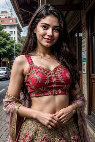  a vibrant and sunny day in a city in Tamil Nadu. A 19-year-old girl named Meera at the department store . She is wearing a lehenga, Her long, dark hair is adorned , and she has a gentle smile on her face, exuding confidence and grace.