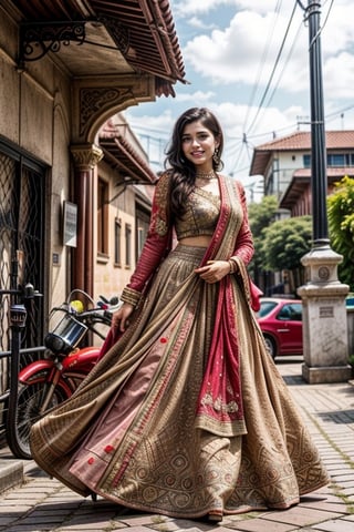  a vibrant and sunny day in a city in Tamil Nadu. A 19-year-old girl named Meera at the department store . She is wearing a pink lehenga, Her long, dark hair is adorned , and she has a gentle smile on her face, exuding confidence and grace.