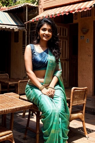  a vibrant and sunny day in a city in Tamil Nadu. A 19-year-old girl named Meera is sitting at cafe. She is wearing a saree , Her long, dark hair is adorned , and she has a gentle smile on her face, exuding confidence and grace.