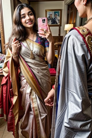  a vibrant and sunny day in a city in Tamil Nadu. A 19-year-old girl named Meera at the wedding . She is wearing a traditional saree , Her long, dark hair is adorned , and she has a gentle smile on her face, exuding confidence and grace.,Saree 