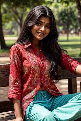  a vibrant and sunny day in a small town in Tamil Nadu. A 19-year-old girl named Meera is sitting at park. She is wearing a shirt and a pant , with intricate designs that catch the sunlight. Her long, dark hair is adorned , and she has a gentle smile on her face, exuding confidence and grace.