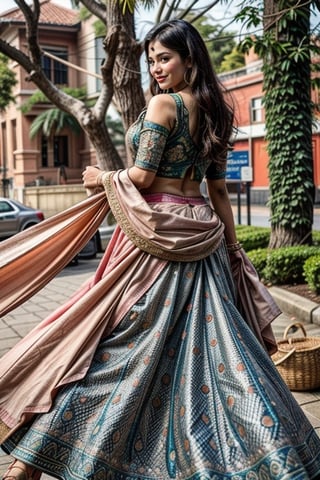  a vibrant and sunny day in a city in Tamil Nadu. A 19-year-old girl named Meera at the department store . She is wearing a dark blue lehenga, Her long, dark hair is adorned , and she has a gentle smile on her face, exuding confidence and grace.