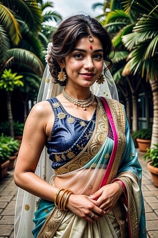  a vibrant and sunny day in a city in Tamil Nadu. A 19-year-old girl named Meera at the wedding . She is wearing a traditional saree , Her long, dark hair is adorned , and she has a gentle smile on her face, exuding confidence and grace.,Saree 