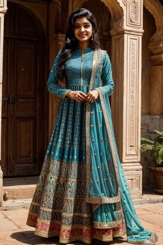  a vibrant and sunny day in a city in Tamil Nadu. A 19-year-old girl named Meera is at the inn . She is wearing a Anarkali Suit . Her long, dark hair is adorned , and she has a gentle smile on her face, exuding confidence and grace.