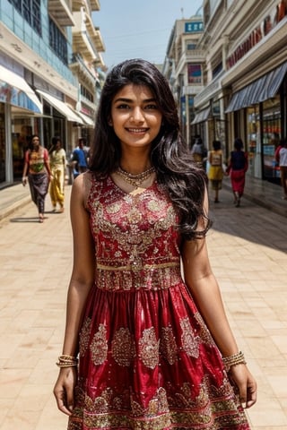  a vibrant and sunny day in a city in Tamil Nadu. A 19-year-old girl named Meera at the mall . She is wearing a Modern Dress , Her long, dark hair is adorned , and she has a gentle smile on her face, exuding confidence and grace.