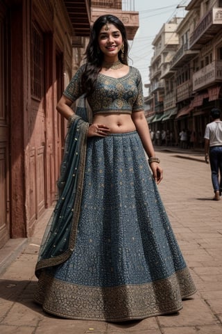  a vibrant and sunny day in a city in Tamil Nadu. A 19-year-old girl named Meera at the department store . She is wearing a blue lehenga, Her long, dark hair is adorned , and she has a gentle smile on her face, exuding confidence and grace.