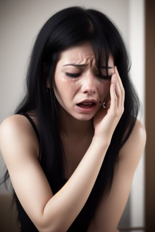 beautiful woman with black hair, crying uncontrolably .

