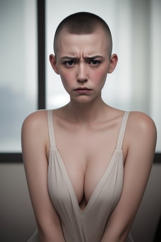 beautiful woman with shaven head, unhappy.