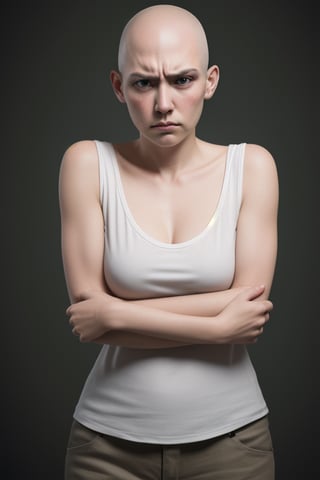beautiful woman with shaven head, unhappy. arms folded.