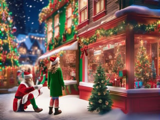 (((masterpiece))), ((Snowy Christmas scene in santas toy shop with beautiful blond haired girl facing the camera with iridescent blue eyes)), medium shot, background:snowy Christmas scene, ((Santas Elves Making Toys and christmas lights lit up around the toy shop)), (happy elves smiling and walking around toy shop enjoying the Christmas spirit), complex 3d render, intricate reflections, ultra-detailed, HDR, Hyperrealism, Panasonic Lumix s pro 50mm, 8K, octane rendering, raytracing, (((professional photography))), high definition, photorealism, hyper-realistic, bokeh, depth of field, dynamically backlit,  studio, vibrant details, ((professional Color grading)), photorealistic ,detailmaster2,photorealistic, sharp edges,  sharp focus ,christmas