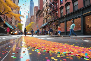 (((masterpiece))), (((New York City is having a confetti storm with colorful shiny metallic confetti raining down on people walking on the sidewalks))), complex 3d render, intricate reflections, ultra-detailed, HDR, Hyperrealism, Panasonic Lumix s pro 50mm, 8K, octane rendering, raytracing, (((professional photography))), high definition, photorealism, hyper-realistic, bokeh, depth of field, dynamically backlit, studio, vibrant details, ((professional Color grading)), photorealistic ,aw0k euphoric style,more detail XL