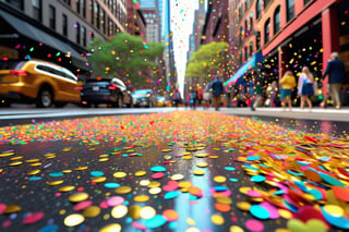 (((masterpiece))), (((New York City is having a confetti storm with colorful shiny metallic confetti raining down on people walking on the sidewalks))), complex 3d render, intricate reflections, ultra-detailed, HDR, Hyperrealism, Panasonic Lumix s pro 50mm, 8K, octane rendering, raytracing, (((professional photography))), high definition, photorealism, hyper-realistic, bokeh, depth of field, dynamically backlit, studio, vibrant details, ((professional Color grading)), photorealistic ,aw0k euphoric style,more detail XL
