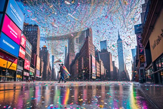 (((masterpiece))), (((New York City is having a confetti storm with colorful shiny metallic confetti raining down on people walking on the sidewalks))), ((beautiful sky full of rainbow color of confetti falling from the sky)), (trees are made of confetti), complex 3d render, intricate reflections, ultra-detailed, HDR, Hyperrealism, Panasonic Lumix s pro 50mm, 8K, octane rendering, raytracing, (((professional photography))), high definition, photorealism, hyper-realistic, bokeh, depth of field, dynamically backlit, studio, vibrant details, ((professional Color grading)), photorealistic ,aw0k euphoric style,more detail XL