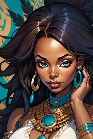 in the style of j. scott campbell, simplified and stylized portraits, close - up, dark cyan and light bronze, celebrity - portraits, bryan hitch, afro - caribbean influence, black African queen with dread locs illustration, in the style of bold and colorful compositions, dayak art, patrick brown, kind facial expression, symmetrical balance, highly detailed illustrations,YeMkAF