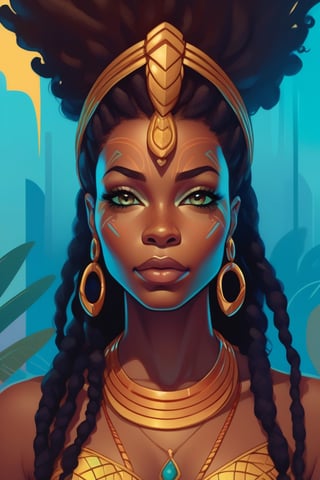 An african girl, in the style of j. scott campbell, simplified and stylized portraits, close - up, dark cyan and light bronze, celebrity - portraits, bryan hitch, afro - caribbean influence, black African queen with dread locs illustration, in the style of bold and colorful compositions, dayak art, patrick brown, kind facial expression, symmetrical balance, highly detailed illustrations, manticore
