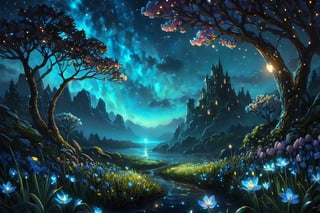 highest quality, spring wonderland , cinematic,  night, bioluminescent flowers, more detail XL.