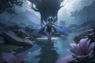 A Lily Fairy in the water of lake,close-up, HD, photorelistic,
hyper detail, deep focus, mysticism,  radiance,  glow, volumetric, perspective, bright starry shining night, contrast, gradient. fantasy art, cinema 4d, beautiful, colorful, intricate, eldritch, ethereal, vibrant, surrealism, vray, nvdia ray tracing, cryengine, magical, 8k, masterpiece, crystal, romanticism, Bioluminescens covering and luminous water.