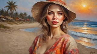 Palette knife oil painting , a Russian lady, beach sunset,  beautiful , ultra clear, beautiful , unreal engine 5 ,head,on parchment,japanese_language