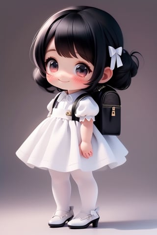 masterpiece, best quality, a cute chibi girl smiling, ((black)) hair, white pinafore dress, (((short puffy sleeves))) shirt, white hairbow, (((black))) mary jane pumps, school backpack, (((full body)))